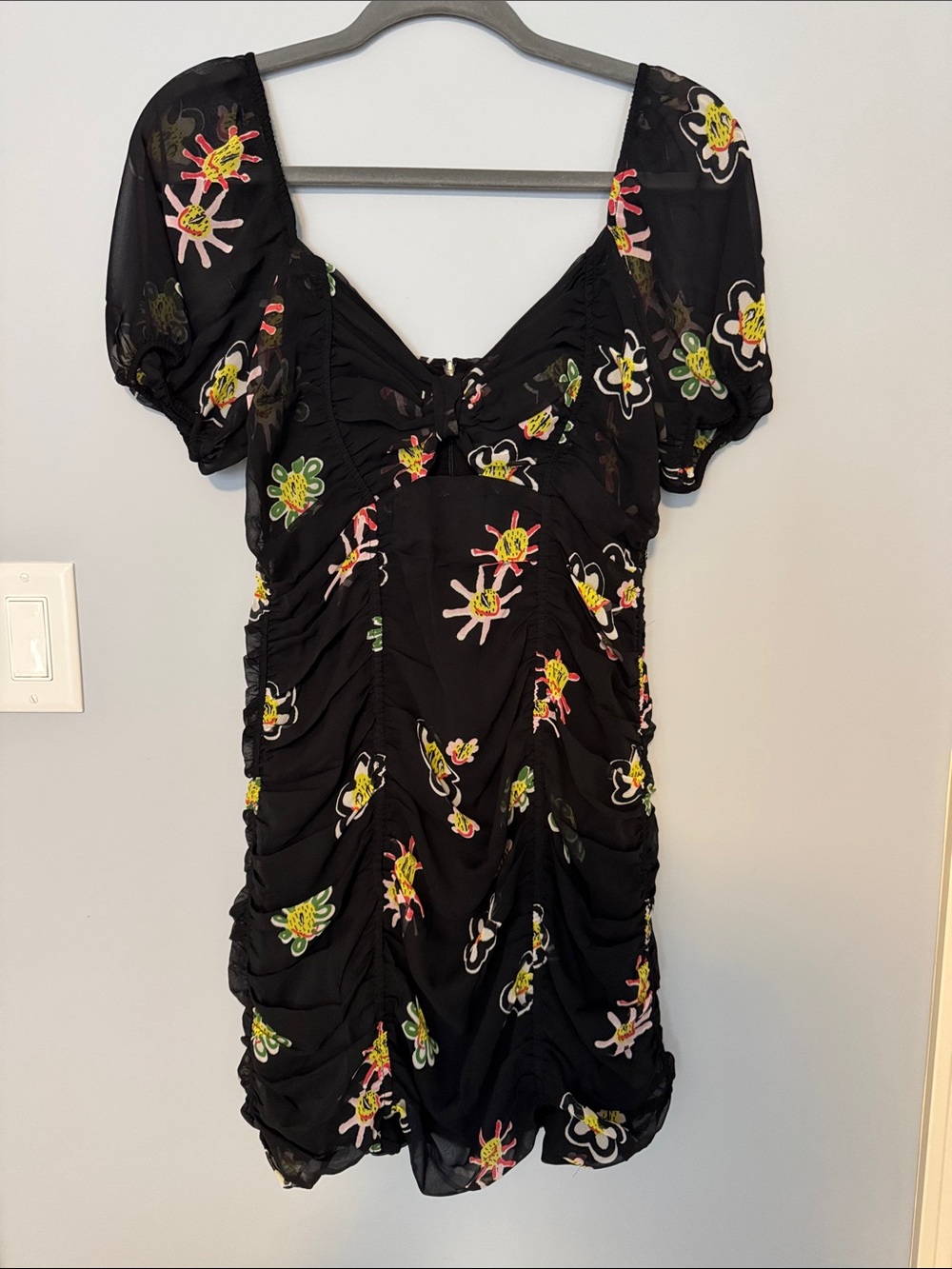 Desigual Black Mini Dress with Pink Yellow and Green Floral Embroidery